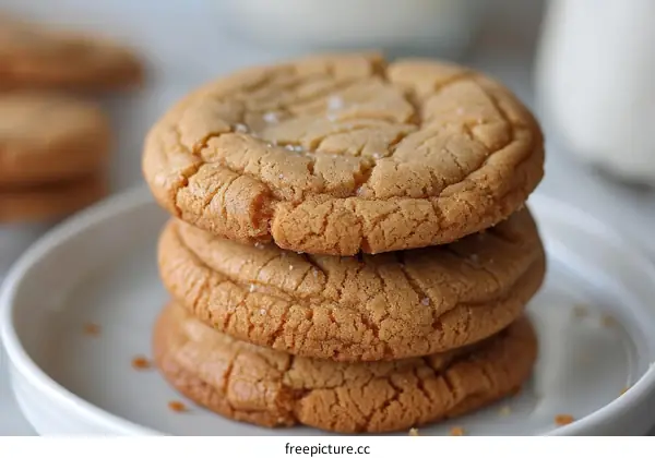 Three peanut butter cookies stacked on a white plate
