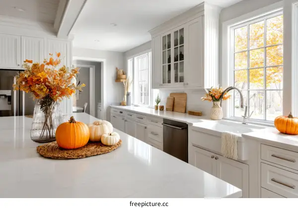 Autumn Kitchen Decor with Pumpkins and Flowers