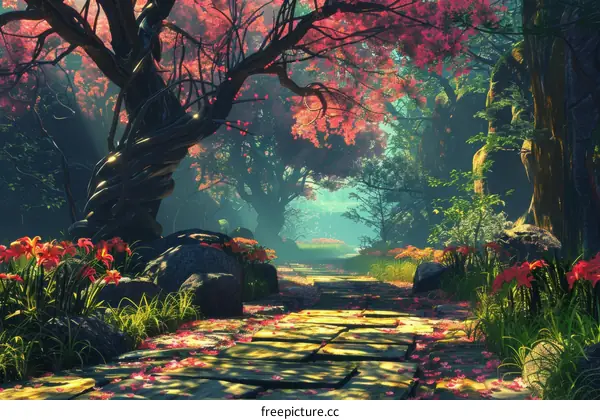 Pink Blossoms Bloom in Fantasy Forest Pathway