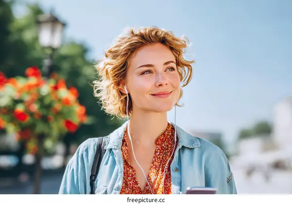 Woman Listening to Music Outdoors in City