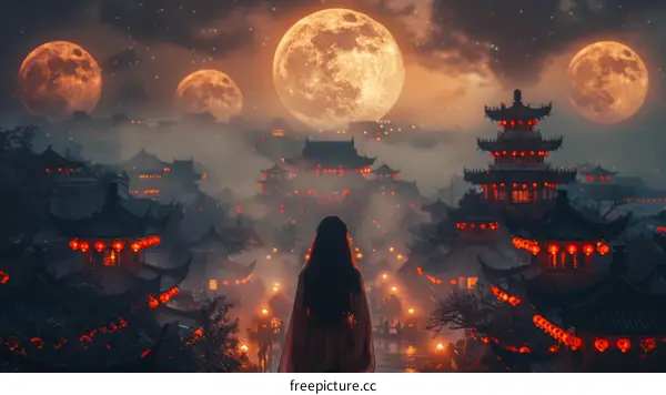 A woman standing in a traditional Chinese courtyard looking at the moon