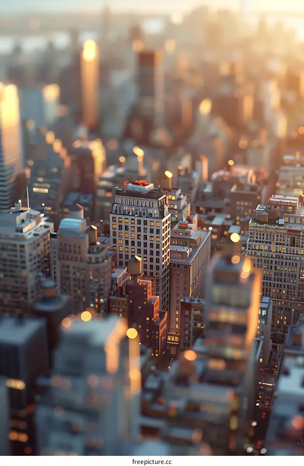 Tilt-shift photography of a city at sunset