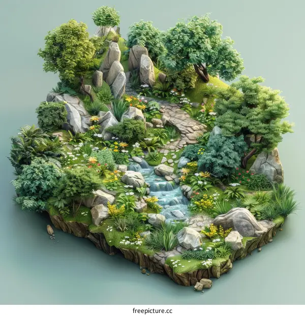 Isometric Fantasy Forest Landscape with River