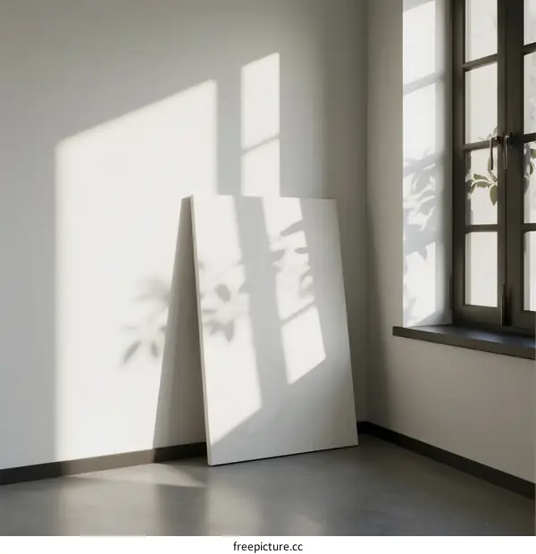 White canvas panels leaning against a wall with sunlight shadows