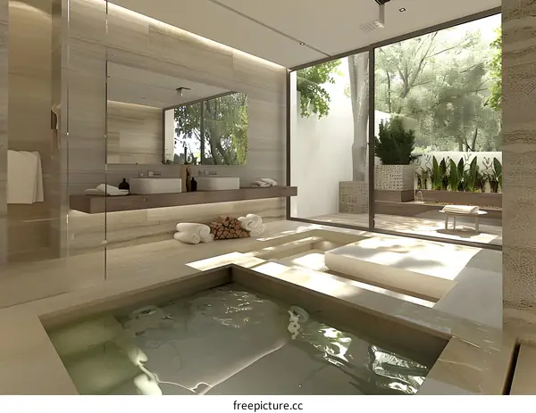 Modern Bathroom with Indoor Hot Tub and Large Window