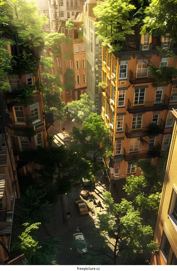 Green Cityscape with Sunlight Shining Through Trees
