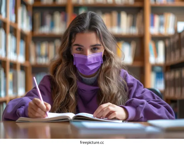 Young woman wearing a purple mask studying in a library