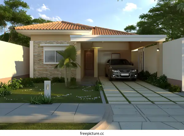 Modern House with Carport and Palm Tree