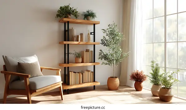 Modern Wooden Bookshelf Corner Decor Illustration