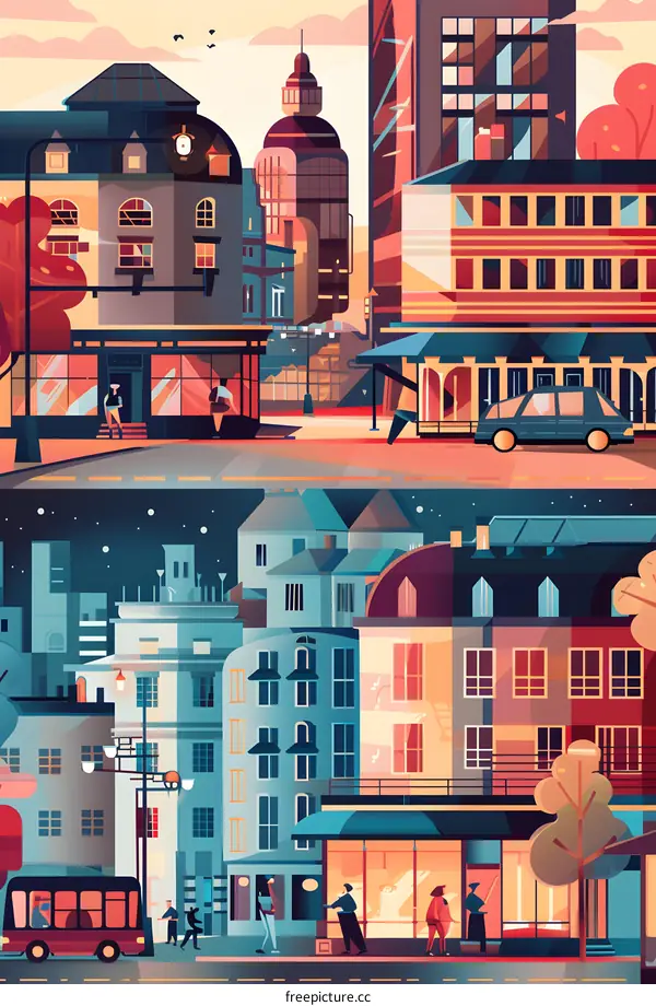 Day and Night Cityscape Illustration with Buildings, Shops and People