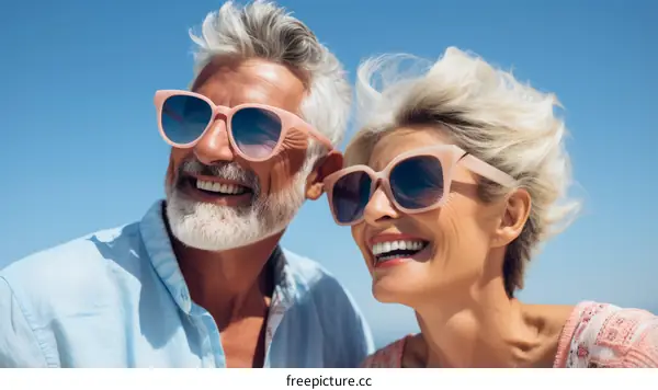 Happy retired couple smiling and wearing sunglasses