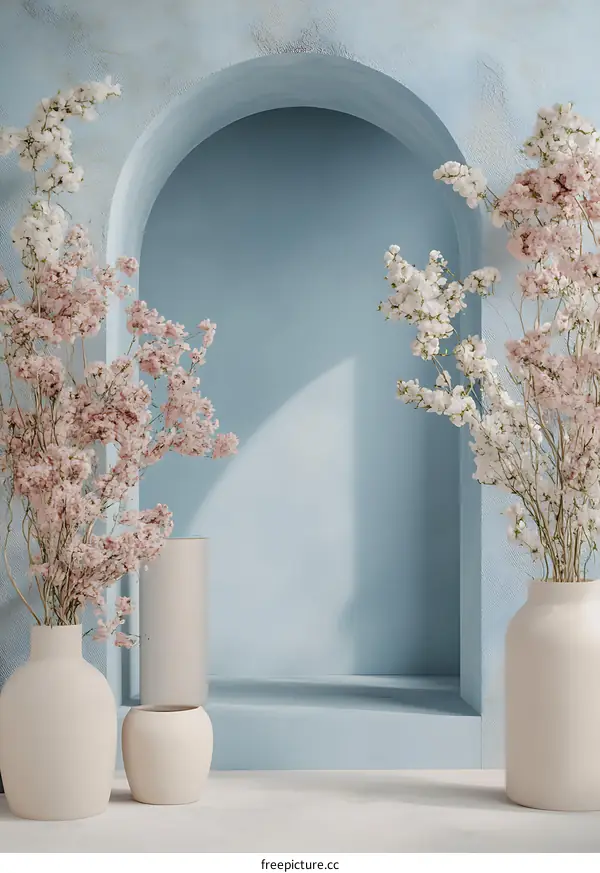 Blue Wall with Archway and Pink Flowers in Vases