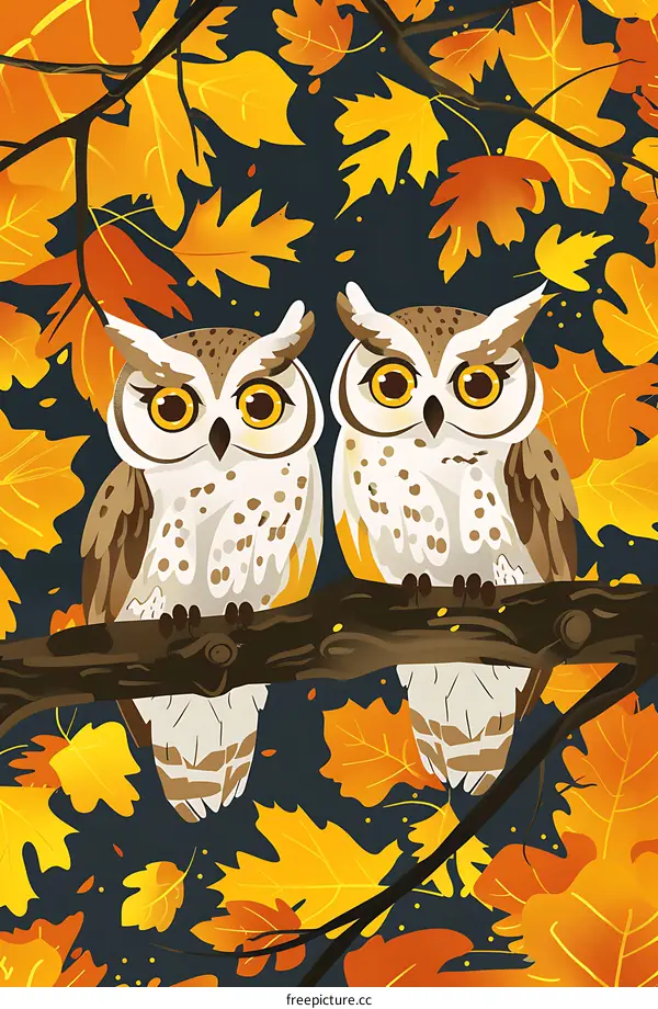 Two Owls Perched On Branch In Autumn Leaves