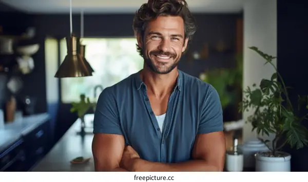 Portrait of a handsome man smiling in a kitchen