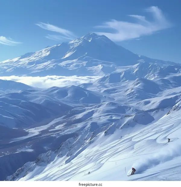 Four skiers going down a snowy mountain