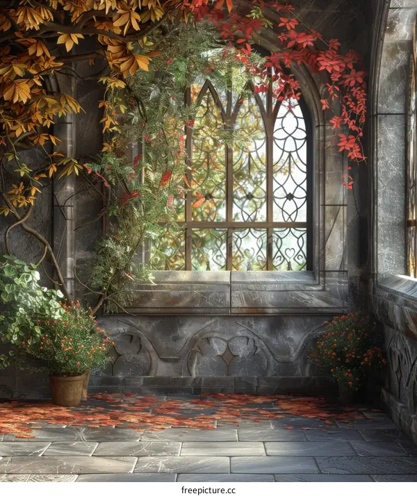 Autumnal Gothic Courtyard with Ornate Window