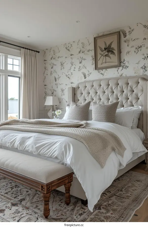 Elegant Beige Bedroom with Botanical Print Wallpaper