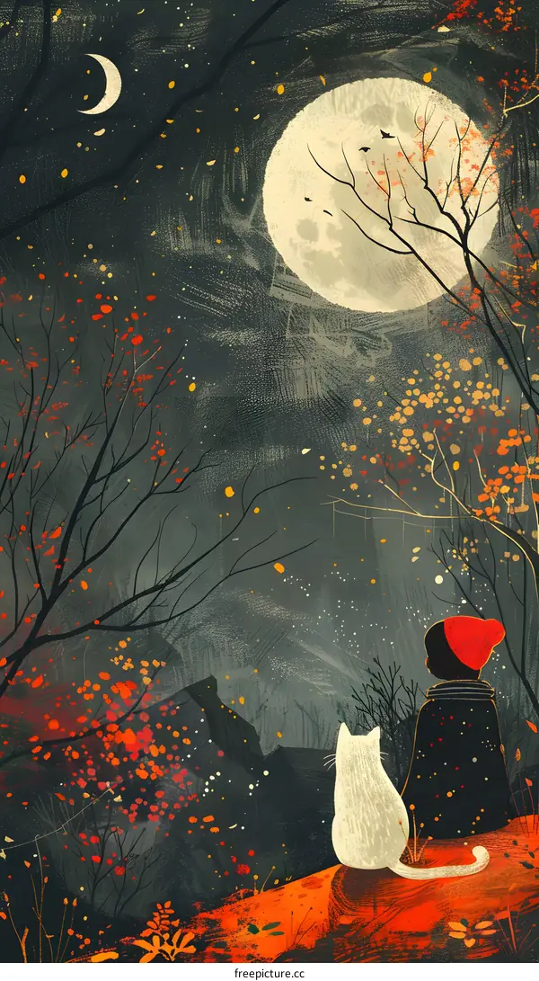 girl and cat looking at the moon