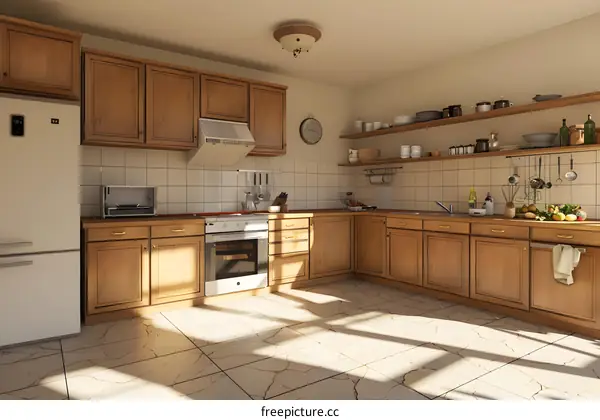 Modern Kitchen Interior Design with Wooden Cabinets and White Tile