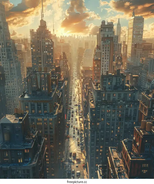 Sunset cityscape aerial view illustration