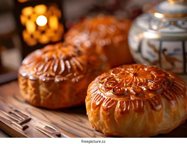 Close Up Of Three Delicious Mooncakes