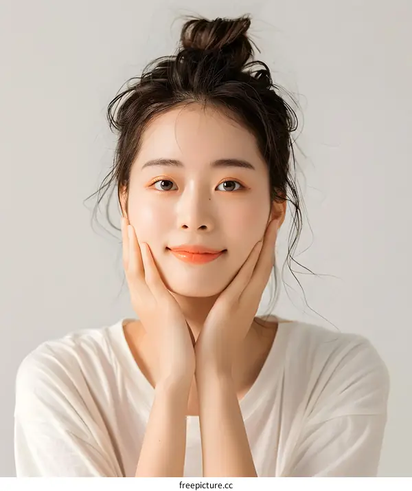 Beautiful Asian Woman in White T-Shirt Portrait