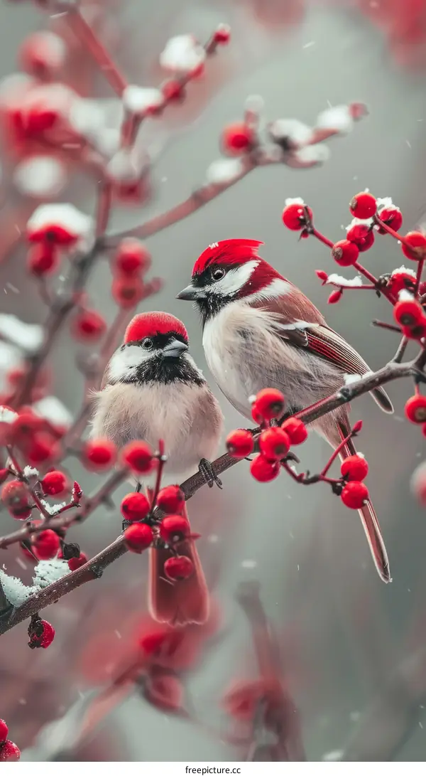 Red Berries and Two Birds on a Branch
