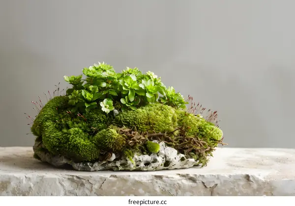 Green Moss and Plants on a Stone