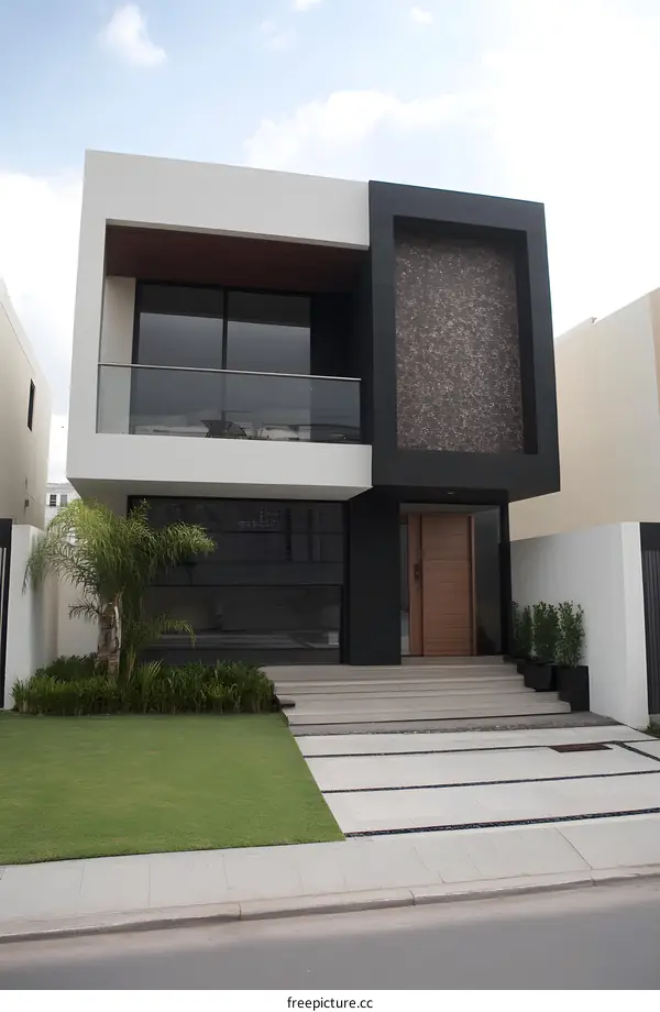 Modern Two Story House with Balcony and Green Grass