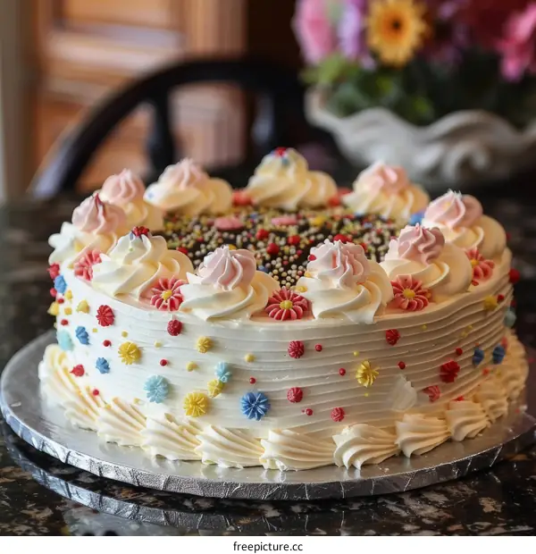 Stunning Birthday Cake Adorned with Vibrant Flowers and Sweet Sprinkles
