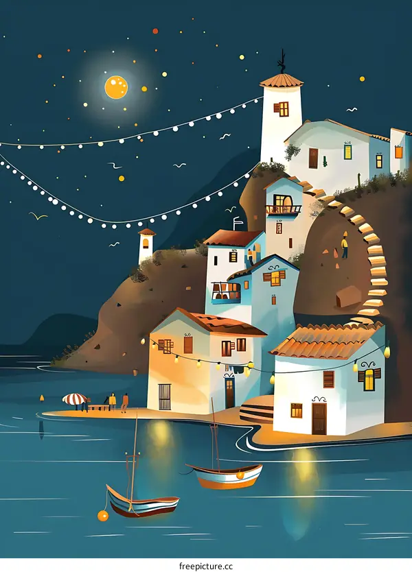 Night View Of A Coastal Village With Houses And Boats