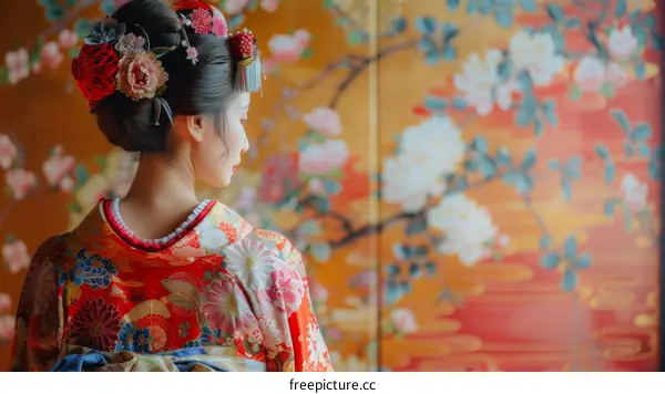A Japanese woman wearing a kimono is standing in front of a traditional Japanese painting.
