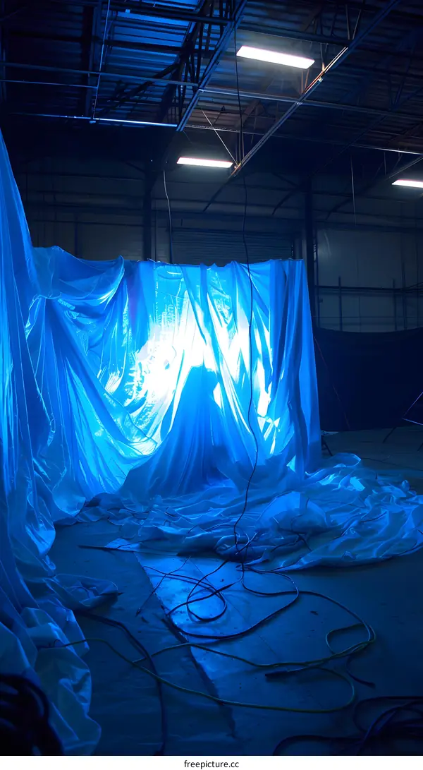 Blue Plastic Sheets Covering The Floor In A Warehouse