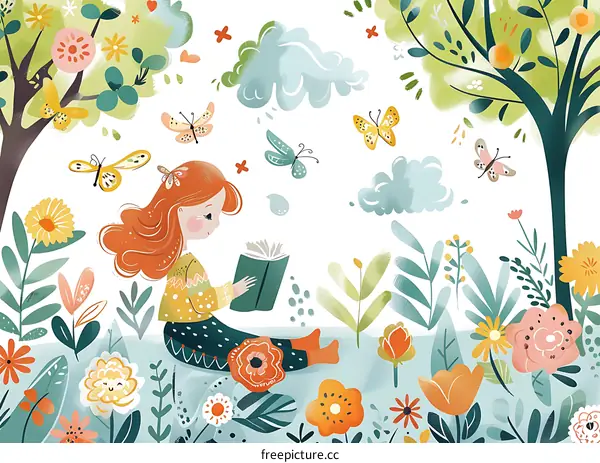 Girl Reading a Book in a Flower Garden