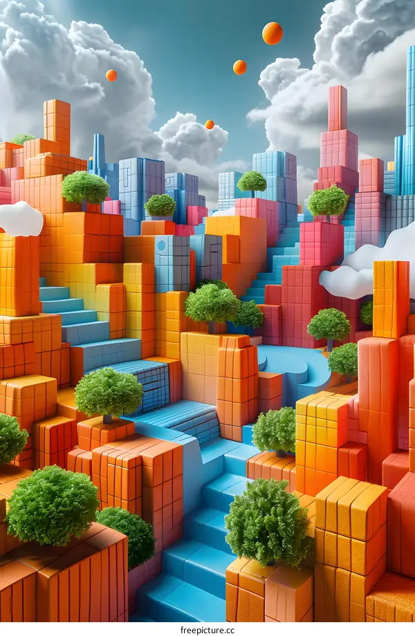 A city of colorful blocks with trees and a blue river running through it.