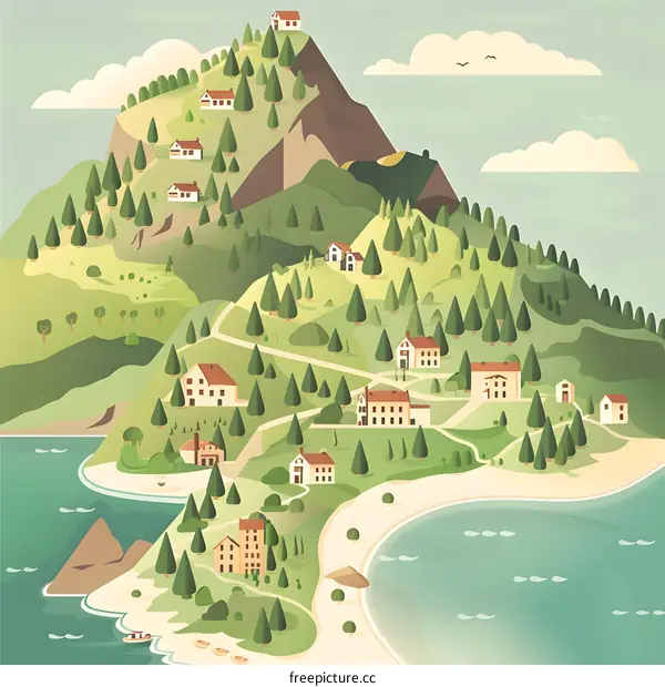Coastal Village Illustration with Mountain Landscape
