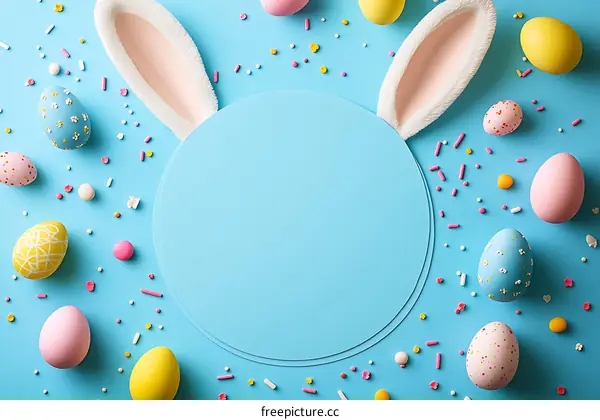 Easter Eggs and Bunny Ears on a Light Blue Background