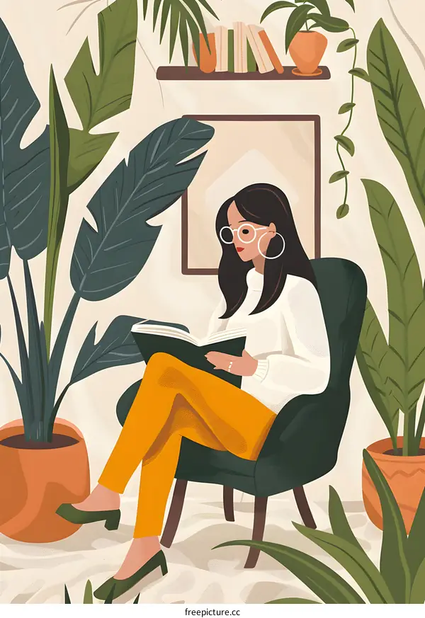 Woman Reading Book in a Cozy Chair Surrounded by Plants
