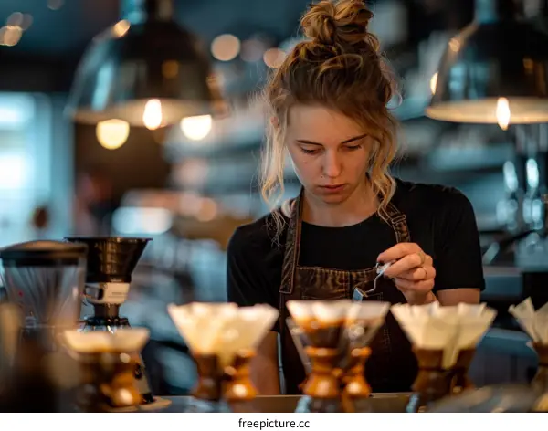 Focused young barista making pour-over coffee