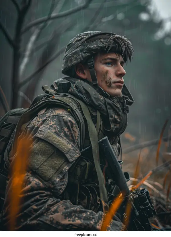 A soldier in the rain looks off into the distance
