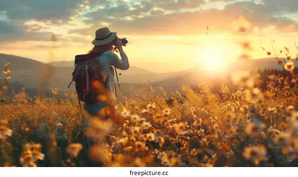 photographer in a field of flowers at sunset