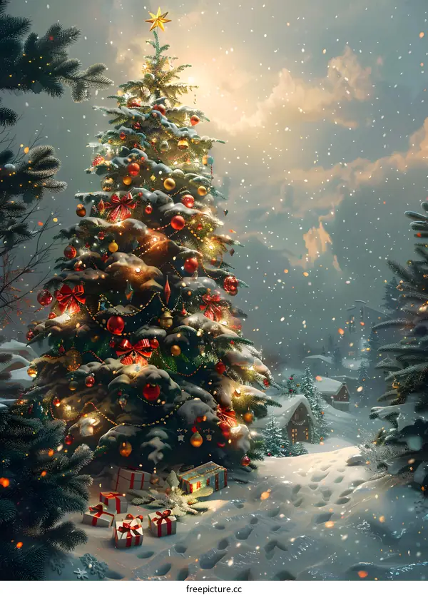 Christmas tree in the snow at night