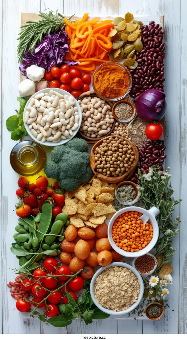 Colorful Fresh Vegetables, Grains, and Nuts on Whitewashed Wood
