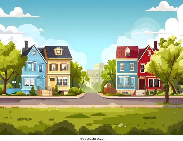 Cartoon Illustration of Colorful Houses on a Street