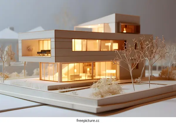 Modern House Model with Illuminated Windows