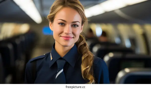 Portrait of a beautiful young blonde stewardess with blue eyes in uniform smiling at the camera