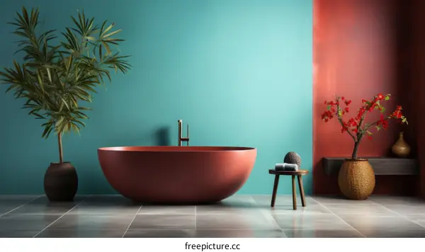 Red bathtub in front of blue and red wall with plants
