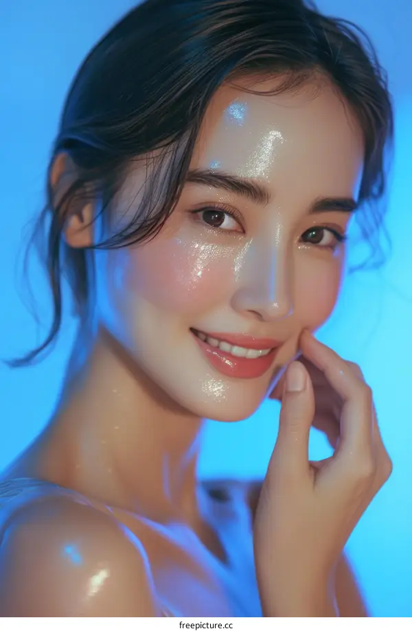 Asian woman with wet skin smiling and touching her face