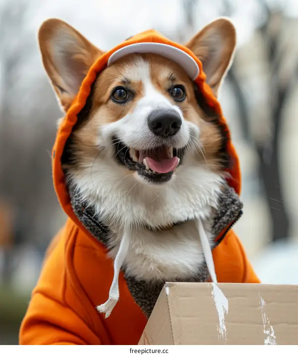 A happy corgi dog wearing an orange hoodie with a white cap