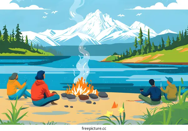 Friends Enjoying Bonfire By The Lake With Mountain View
